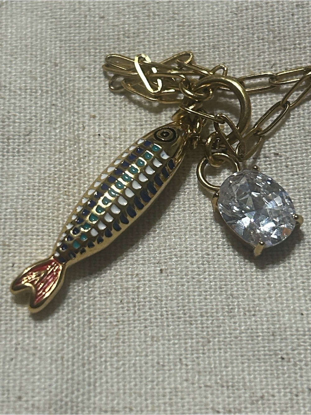 Multi Color Fish Charm Paper Clip Necklace w Crystal Pendant MAYAMAR New in Bag - Picture 4 of 5